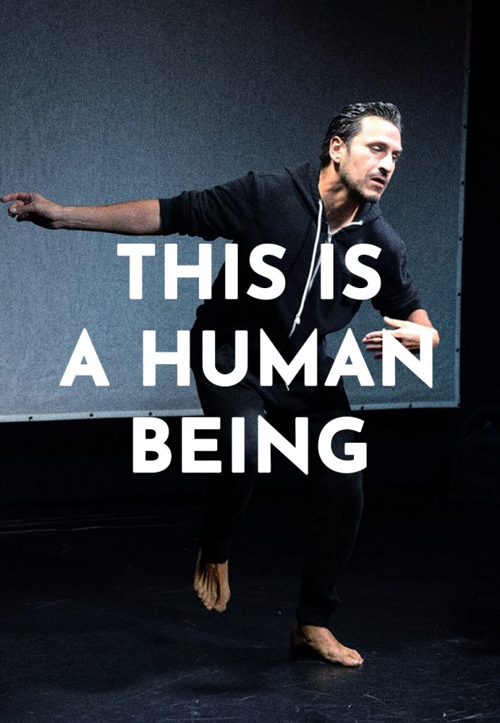 Portadilla del video de estreno en la serie Danza UNAM titulado This is a human being. En el fondo, el director, coreógrafo y bailaor, Ricardo Rubio ejecuta un movimiento. Al frente en letras blancas, el título de la pieza "This is a human being"